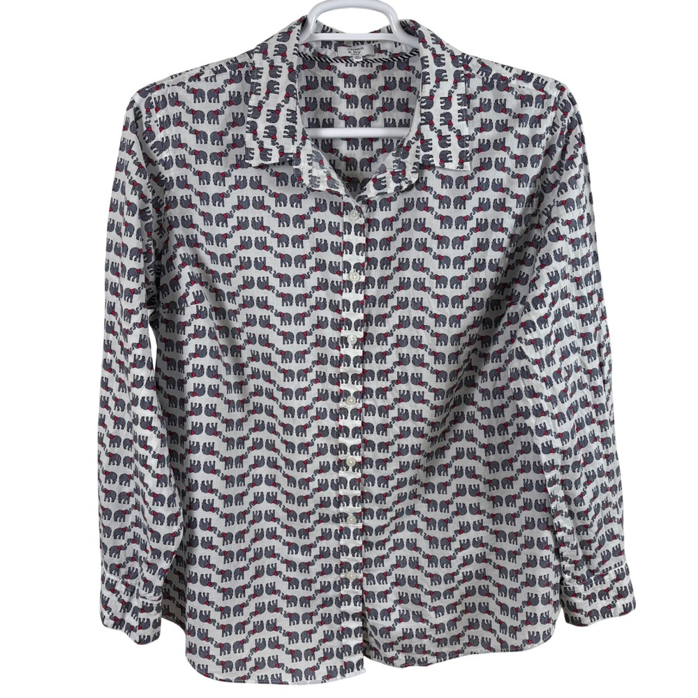 Crown & Ivy Women's Shirt 2X White Blue Elephant Print Cotton Button-Up Novelty